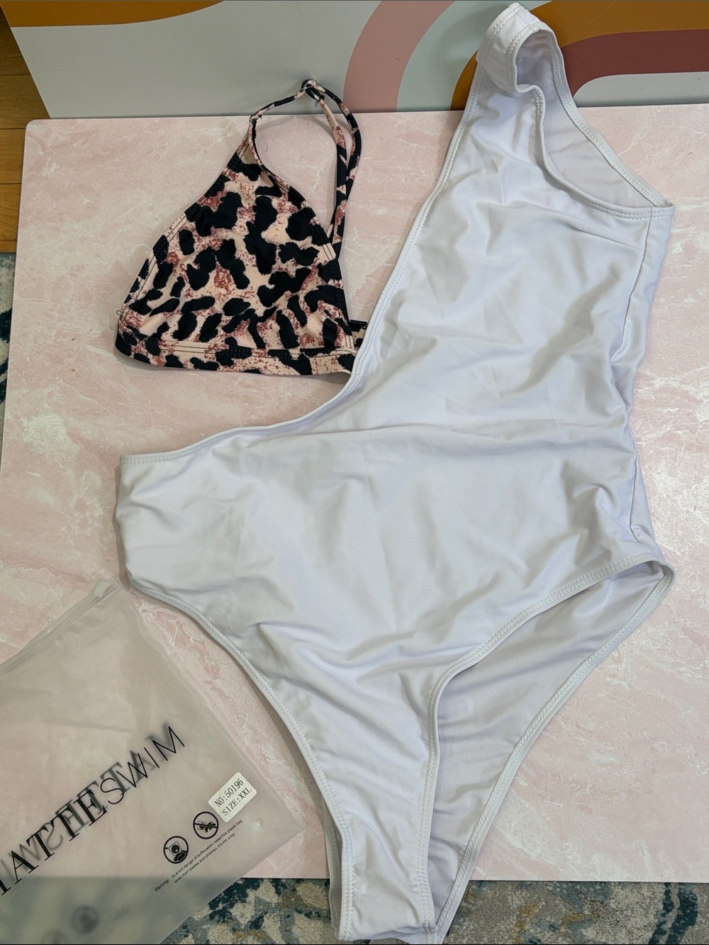 MATTE SWIM White One-Shoulder One-Piece Swimsuit with Pink Leopard Top XL